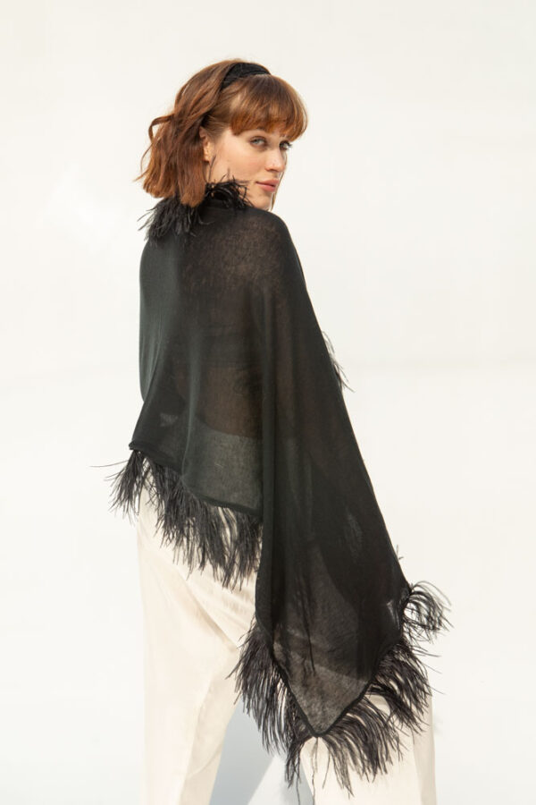 Himalaya Black Cashmere / Silk Shawl with Ostrich Feathers