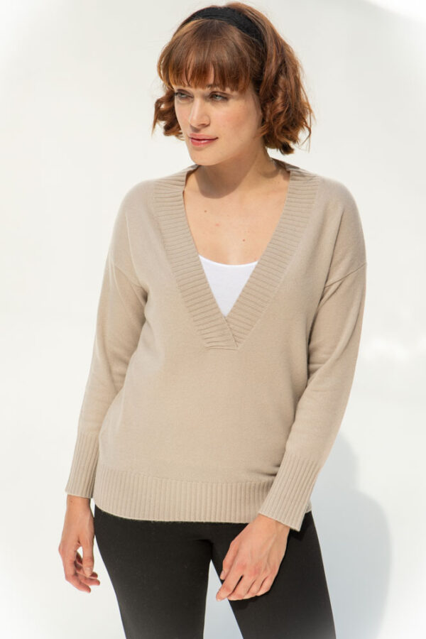 Roya Cashmere V-neck Sweater , Beige