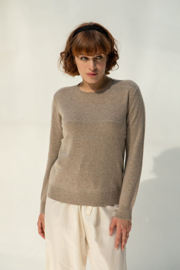 Limena Cashmere Sweater, Colour Natural with Silver Metallic Stripes