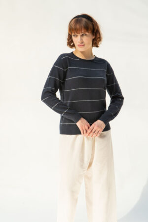 Limena Cashmere Sweater, Navy with Silver Metallic Stripes