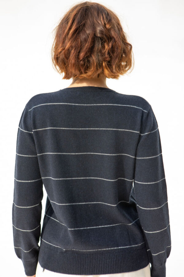 Limena Cashmere Sweater, Navy with Silver Metallic Stripes