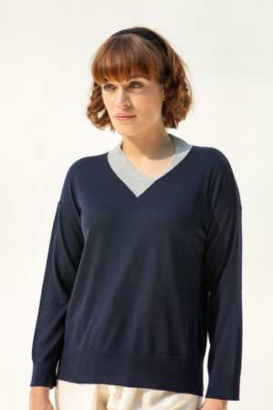 Safia Cashmere/Silk Sweater, Navy/Light Grey Collar