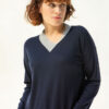 Safia Cashmere/Silk Sweater, Navy/Light Grey Collar