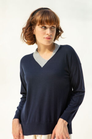 Safia Cashmere/Silk Sweater, Navy/Light Grey Collar