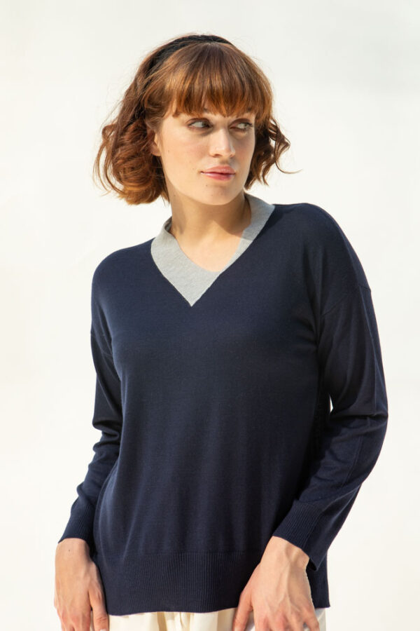 Safia Cashmere/Silk Sweater, Navy/Light Grey Collar