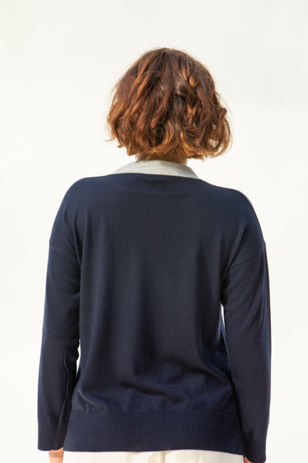 Safia Cashmere/Silk Sweater, Navy/Light Grey Collar