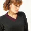 Safia Cashmere/Silk Sweater, Black/Burgundy Collar