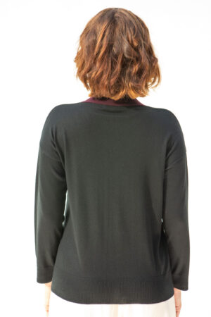 Safia Cashmere/Silk Sweater, Black/Burgundy Collar